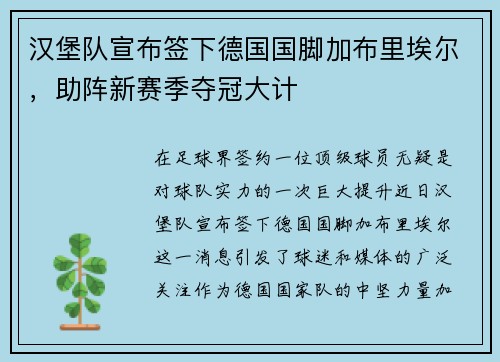 汉堡队宣布签下德国国脚加布里埃尔，助阵新赛季夺冠大计